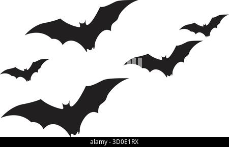 Un groupe de silhouettes de chauve-souris noires audacieuses en vol sur un fond blanc propre. La composition est dynamique et effrayante, avec un sens dramatique du movem Illustration de Vecteur