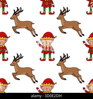 Modèle vectoriel sans couture de mignons elfes de Noël et de rennes sautant, parfait pour les arrière-plans festifs et les conceptions de vacances. Illustration de Vecteur
