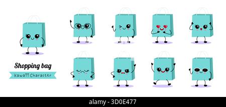 Pack de personnages de sac à provisions turquoise dans différentes poses et humeurs. Utile pour la marque de détail, les publications sociales, les bannières, les autocollants et les desi de commerce électronique Illustration de Vecteur