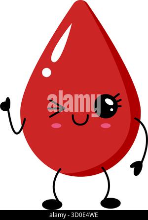 Le personnage de goutte de sang de Kawaii présente une expression joyeuse avec de grands yeux et un clin d'œil, mettant en valeur un design ludique. La couleur rouge vif et Sha arrondi Illustration de Vecteur