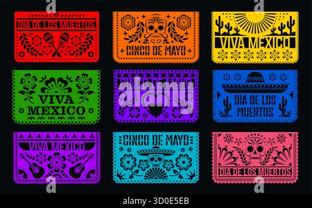 Papier mexicain coupé jour des drapeaux de picado papel morts pour les décorations de vacances, bannières vectorielles. Drapeaux mexicain fiesta party papel picado avec crâne Catrina calavera coupé en papier et guitares Viva Mexico Illustration de Vecteur