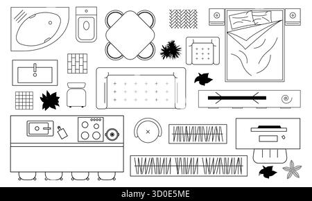 Cet ensemble de mobilier minimaliste présente une variété d'éléments de décoration, y compris des lits, des canapés et des tables, disposés dans un cadre visuellement attrayant Illustration de Vecteur