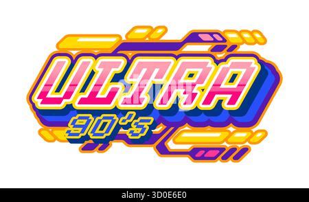 Couleur vibrante vintage Y2K ultra icône, élément emblème. Étiquette rétro funky, icône vectorielle nostalgique Y2K. Autocollant vintage cool ou patch funky coloré avec texte de typographie pixelisée des années 90 Illustration de Vecteur