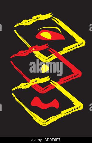 Une illustration vectorielle abstraite moderne avec des éléments faciaux symboliques utilisant des rectangles et des contours de coup de pinceau. Formes rouges et jaunes vives suite Illustration de Vecteur