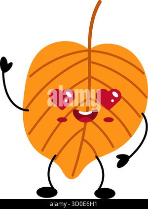 Le personnage de feuilles d'automne de Kawaii présente une expression joyeuse avec des yeux en forme de cœur et des bras ludiques, mettant en valeur une couleur orange vibrante et un de charmant Illustration de Vecteur