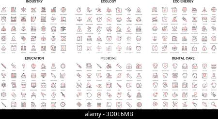 Collection complète d'icônes de ligne modernes couvrant l'industrie, l'écologie, l'énergie écologique, l'éducation, la médecine, soins dentaires pour le web, applications, infographies, présentations illustration vectorielle isolée Illustration de Vecteur