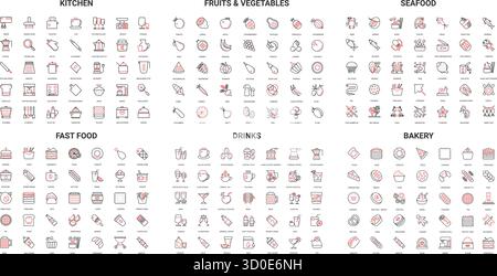 Icônes de ligne minimaliste pour la cuisine, fruits, légumes, fruits de mer, restauration rapide, boissons, boulangerie parfaite pour la conception de menu, applications, infographies et illustration vectorielle isolée de marque culinaire Illustration de Vecteur