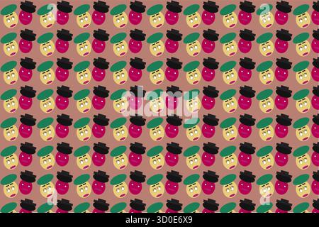 Motif vectoriel ludique avec des visages de dessins animés avec des expressions variables dans une disposition de grille. Les visages jaune et magenta portent des chapeaux verts et noirs, set agai Illustration de Vecteur