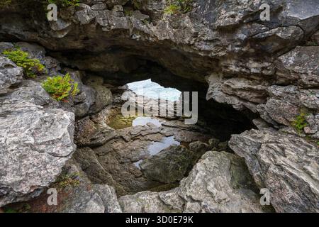 Une petite ouverture rocheuse naturelle révèle de l'eau libre à travers une crevasse calcaire, avec une mare peu profonde à l'intérieur du parc national de la péninsule Bruce, en Ontario. Banque D'Images
