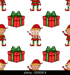 Personnages fantaisistes d'elfe de Noël et boîtes-cadeaux festives dans un motif vectoriel répétitif, parfait pour les projets de conception de vacances. Illustration de Vecteur