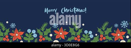Bordure sans couture de Noël. Fond floral de crayon avec poinsettias rouge fleur, baies et flocons de neige sur bleu. Affiche horizontale du nouvel an. Texturé Illustration de Vecteur