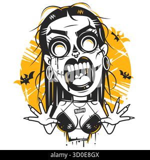 Vintage rétro Halloween sorcière sucre crâne fille dans le chapeau. Vecteur graphique monochrome. Elément dessiné à la main en gravure. style Illustration de Vecteur