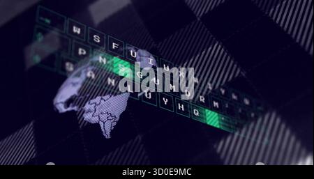 Affichage d'un fragment de carte du monde holographique sur le tableau de bord, avec une grille de lettres en vert néon surlignée Banque D'Images