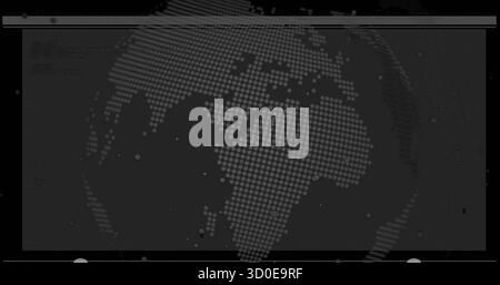 Affichage matriciel de points globe cartographiant l'Europe, l'Afrique sur le tableau de bord avec des barres, des lignes de grille, des points de données Banque D'Images