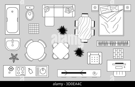 L'ensemble de contours de meubles présente diverses dispositions de pièce, y compris le salon, la chambre et la salle à manger, fournissant des éléments de conception essentiels pour effectiv Illustration de Vecteur