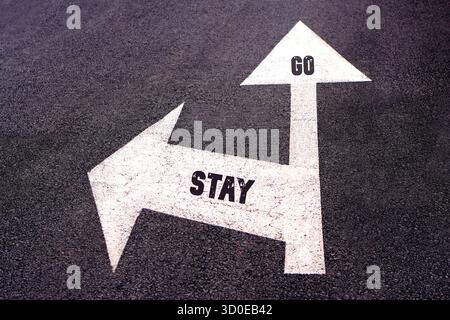 Les concepts de « rester » et « aller ». Mots écrits sur un panneau de signalisation avec des flèches pointant dans des directions différentes, montrant la disjonction entre t Banque D'Images