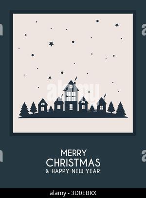 Une carte de Noël verticale dans un style de papier découpé. Silhouettes de maisons couvertes de neige sur fond bleu. Joyeux Noël. Illustration de Vecteur