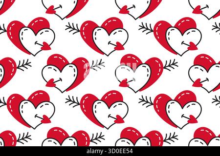 Motif sans couture avec des coeurs rouges et blancs percés de flèches sur fond blanc. Style vectoriel plat. Parfait pour la Saint-Valentin, les cartes romantiques, l'emballage cadeau ou la conception textile. Illustration vectorielle Illustration de Vecteur