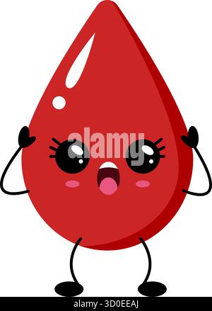 Sourire style kawaii caractère de goutte de sang rouge avec de grands yeux et une expression heureuse, adapté aux conceptions médicales, de santé et d'enfants. Illustration de Vecteur