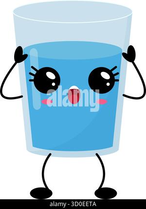 Verre d'eau bleu avec un visage kawaii mignon et de grands yeux étincelants. Personnage de dessin animé joyeux isolé sur fond blanc pour la santé, la boisson, les autocollants Illustration de Vecteur