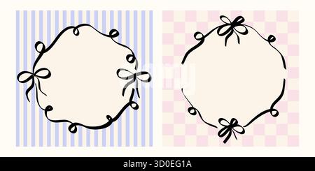 Ensemble de cadre vintage fantaisiste avec des lignes de ruban et des bordures de cercle dessinées à la main dans un style coquette. Éléments décoratifs vectoriels pour anniversaire de carte de printemps ou Illustration de Vecteur