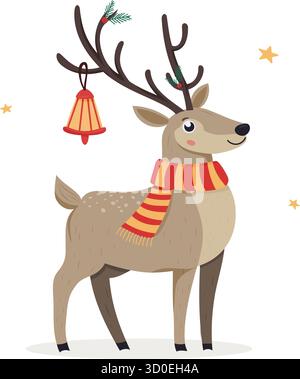 Renne portant une écharpe rayée rouge et une cloche sur les bois. Fêtes et fêtes d'hiver Illustration de Vecteur