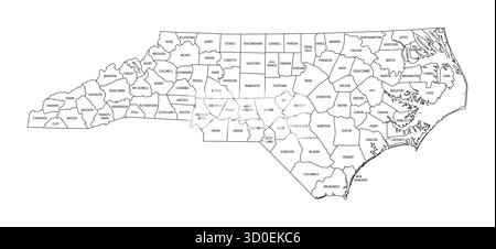 État de Caroline du Nord, subdivisé en 100 comtés, carte de contour, avec les noms des comtés et les frontières. État dans la région sud-est des États-Unis. Banque D'Images
