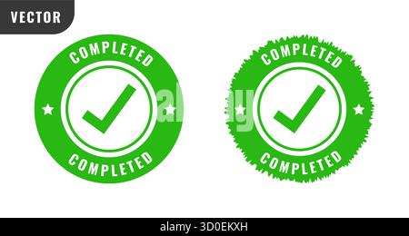 Badges verts complétés avec coche et étoiles sur fond blanc parfait pour la réussite ou la vérification texte gras conception nette Illustration de Vecteur