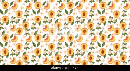 Un motif sans couture frais et lumineux avec des pêches et des fleurs, parfait pour les motifs sur le thème des fruits. Illustration de Vecteur