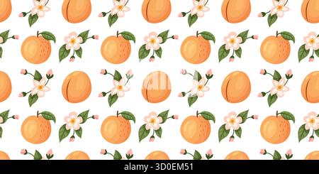 Joli motif sans couture avec des pêches entières, des fleurs et des feuilles sur fond blanc dans un style lumineux. Illustration de Vecteur
