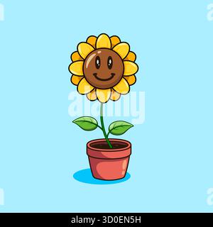 Joyeux tournesol en pot dessin animé illustration vectorielle dessin animé Illustration de Vecteur