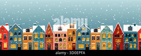 Un charmant village enneigé pittoresque avec des maisons vibrantes et colorées, évoquant une atmosphère hivernale chaleureuse et confortable. Arrière-plan transparent Illustration de Vecteur