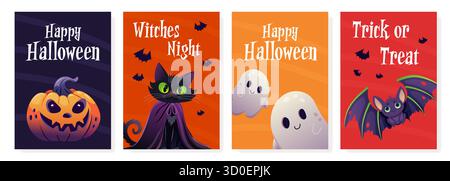 Collection d'affiches d'Halloween effrayantes avec chat, fantômes, citrouille et chauves-souris, parfaite pour décorer des événements saisonniers ou des fêtes à thème. Illustration de Vecteur