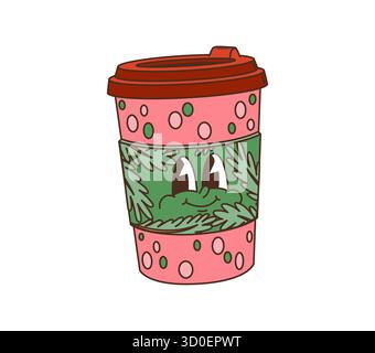 Personnage vectoriel de tasse à café à emporter Groovy de Noël rétro décoré en rose avec une manche festive verte. Promotion de Noël, emballage de Noël saisonnier. Vecteur isolé y2k personnage Illustration de Vecteur