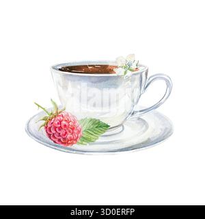 Tasse de thé avec une framboise et une feuille verte sur une soucoupe. Illustration botanique à l'aquarelle dessinée à la main de baies mûres. Clip art vibrant pour cartes postales Banque D'Images