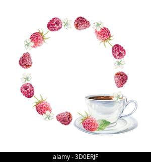 Cadre rond de framboises mûres et une tasse en céramique blanche. Illustration d'aquarelle dessinée à la main, isolée. Clip art lumineux pour cartes postales, conceptions de menu et Banque D'Images