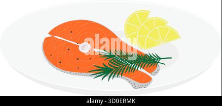 Steak de saumon avec assaisonnements, brins de romarin et quartiers de citron sur une assiette blanche Healthy Eating Design. Illustration vectorielle isolée thèmes aliments sains cartes de menu de recette bannière, dépliants, étiquettes, affiche Illustration de Vecteur