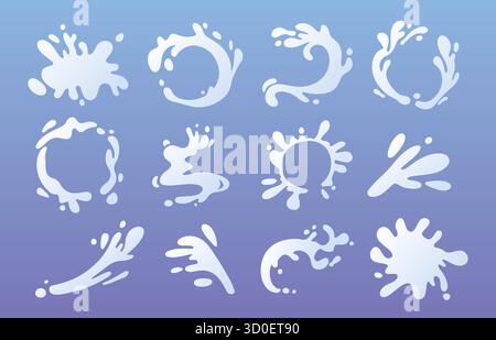 Formes de vecteur d'éclaboussure de lait avec des formes de goutte et de liquide dans un design blanc plat. Éléments d'étiquette de yogourt, taches dynamiques de produits laitiers et cadres circulaires sur fond bleu pour la marque des boissons et les graphiques d'emballage. Illustration de Vecteur