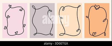 Cadres une ligne fantaisistes. Bordures monoline minimalistes avec cœurs Illustration de Vecteur