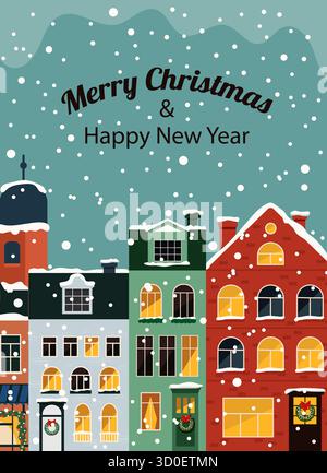 Charmante scène de ville enneigée avec des maisons colorées et des décorations de Noël. Parfait pour les cartes de vacances, les affiches et les projets de conception hivernale. Chaud et confortable fe Illustration de Vecteur