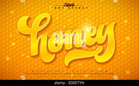 Honey Editable effet de texte Design de style graphique avec lettrage liquide 3D sur fond jaune. Modèle d'illustration maquette de typographie vectorielle Premium Illustration de Vecteur