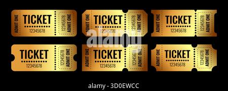 Une collection de billets dorés avec du texte et des chiffres en gras, parfait pour les invitations à des événements ou les billets de tombola. Illustration de Vecteur