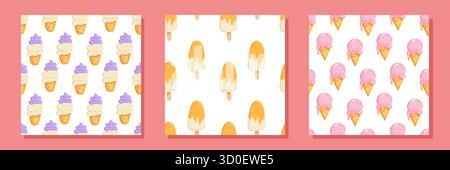 Trois motifs de crème glacée sans couture avec des cônes pastel et des garnitures colorées. Parfait pour les thèmes estivaux, les emballages et les designs pour enfants. Illustration de Vecteur