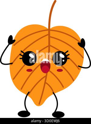 Le personnage de feuille d'automne de Kawaii présente de grands yeux expressifs et un sourire joyeux, debout les bras levés. Ce design ludique incarne l'esprit de Illustration de Vecteur