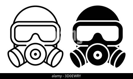 Des illustrations minimalistes en noir et blanc de masques à gaz représentent des équipements de sécurité essentiels pour la protection de la santé dans des environnements dangereux, incarnant l'emergenc Illustration de Vecteur
