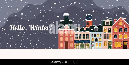 Belle illustration de ville d'hiver avec des bâtiments colorés, de la neige et du texte de voeux Hello Winter. Parfait pour les cartes de vœux saisonnières, les bannières et les h Illustration de Vecteur