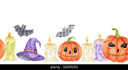 Des citrouilles orange, des chauves-souris volantes, des bougies et un chapeau violet peint en clipart d'aquarelle forment une bordure sans couture, dessinée à la main. Idéal pour la conception de cartes d'Halloween, les impressions textiles et le scrapbooking numérique. Banque D'Images