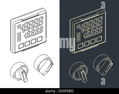 Interrupteurs industriels et dessins isométriques à affichage numérique illustrations vectorielles stylisées Illustration de Vecteur