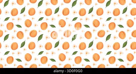 Un motif sans couture avec des pêches, des feuilles et des fleurs, parfait pour les modèles à thème printemps et été. Illustration de Vecteur