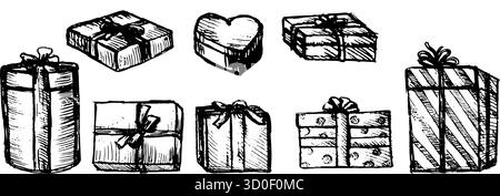 Coffret cadeau vectoriel. Collection de Noël de boîtes de cadeaux. Illustration vectorielle dessinée à la main de cadeaux dans différentes boîtes, peut être utilisée pour les cartes de voeux, les étiquettes et les invitations. Illustration de Vecteur